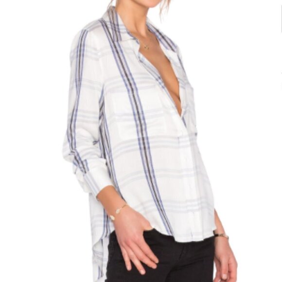 Lovers & Friends Teen Spirit White Blue Plaid Button Down Top, Medium - Picture 1 of 14